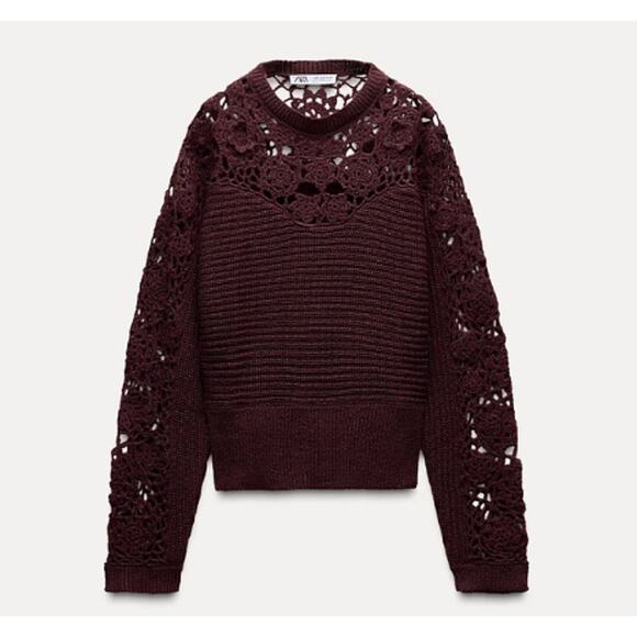 Zara Sweaters - ZARA Crochet Knit Sweater Chunky Rib Open Knit Floral Crewneck, Burgundy